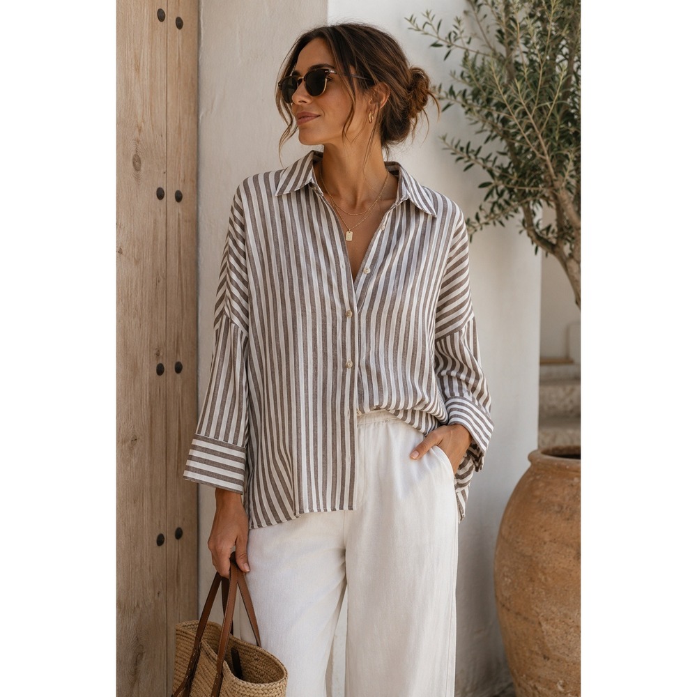 Zara Brown White Striped Linen Blend Oversized Button Down Shirt Quiet Luxury XL